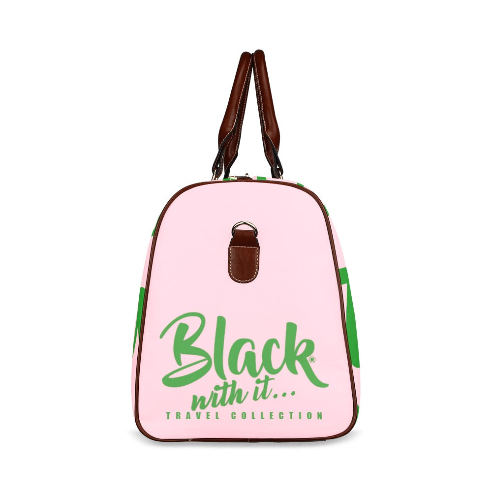 BWI Luxury Travel Bag: Pink w/ Green Font-Brown Leather Strap/Large (Made To Order)