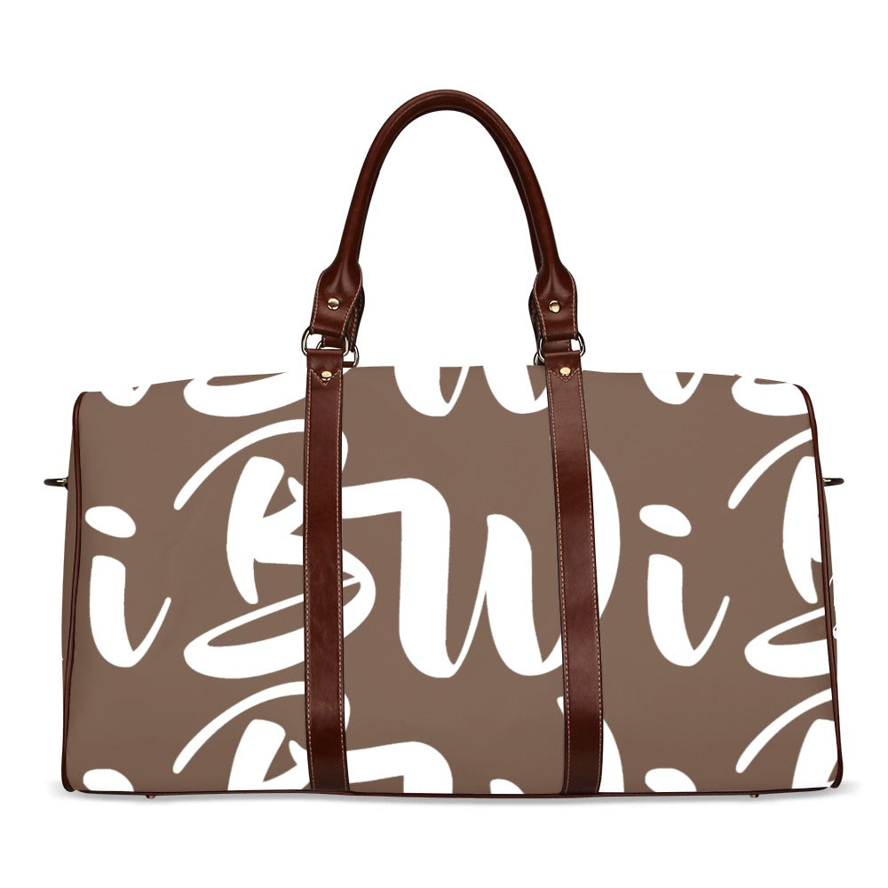 BWI Luxury Travel Bag- Brown w/White Font-Brown Leather Strap/Large (Made To Order)
