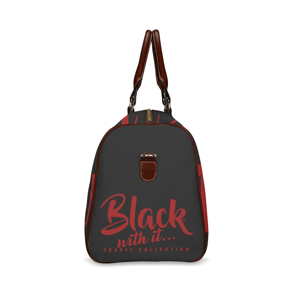 BWI: Luxury Travel Bag: Black w / Maroon Font - Brown Leather Strap Waterproof Travel Bag/Large (Model 1639)