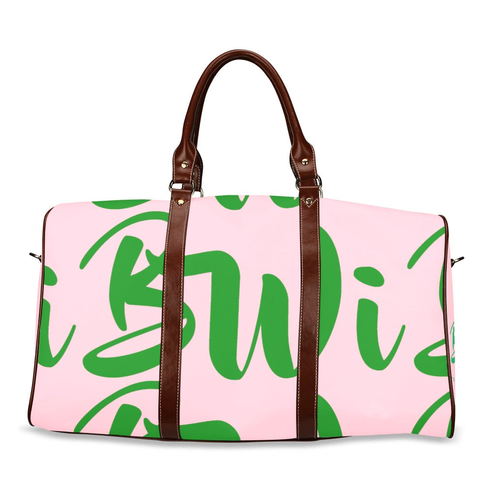 BWI: Luxury Travel Bag: Pink w/ Green Font - Brown Leather Straps Large-Waterproof (Model 1639) Waterproof Travel Bag/Large (Model 1639)