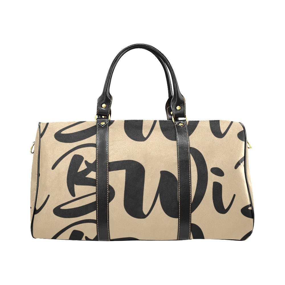 BWI: Luxury Travel Bag - Tan w/ Black Font (Black Leather Straps) New Waterproof Travel Bag/Large (Model 1639)