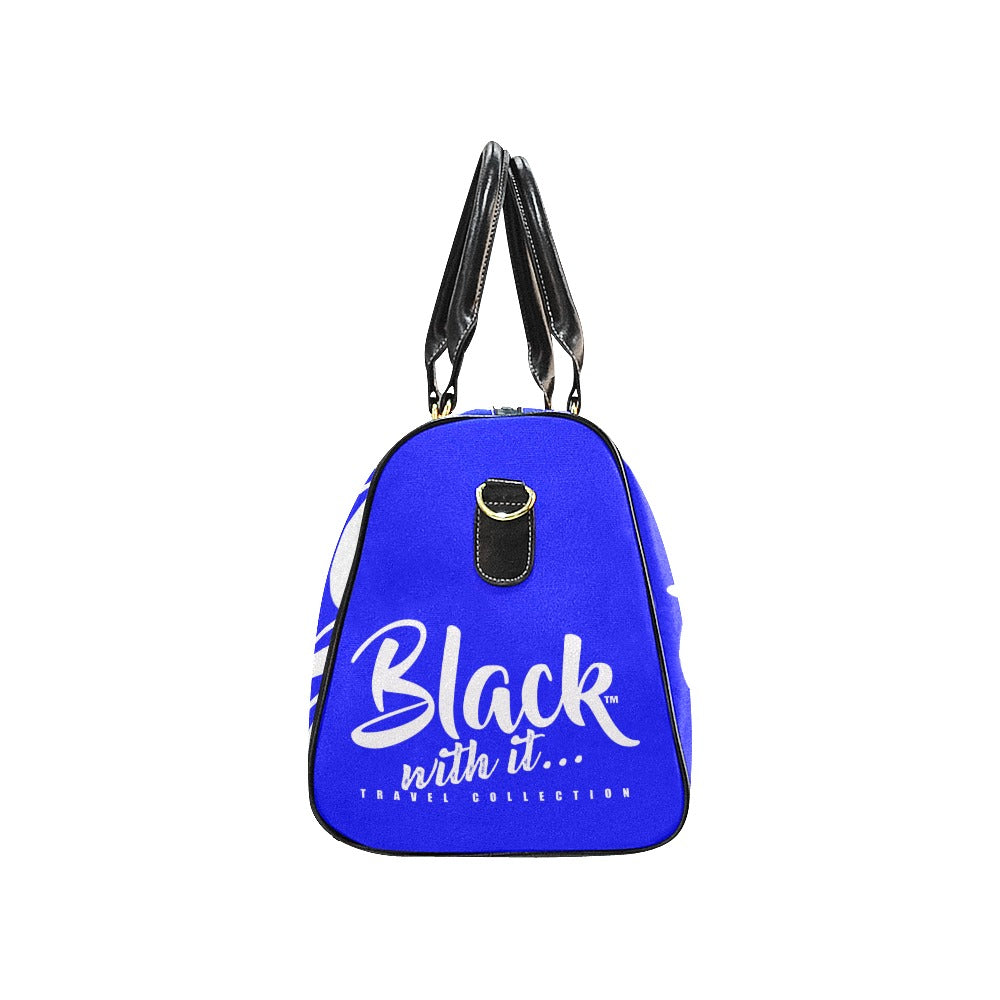 BWI Luxury Travel Bag-Blue w/White Font - Black Leather Straps/Large (Made To Order)