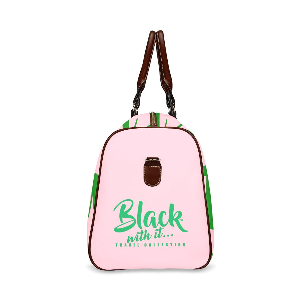 BWI: Luxury Travel Bag: Pink w/ Green Font - Brown Leather Straps Large-Waterproof (Model 1639) Waterproof Travel Bag/Large (Model 1639)