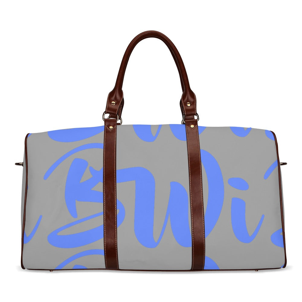 BWI: Luxury Travel Bag: Grey w/ Royal Blue Font - Brown Leather Strap Waterproof Travel Bag/Large (Model 1639)