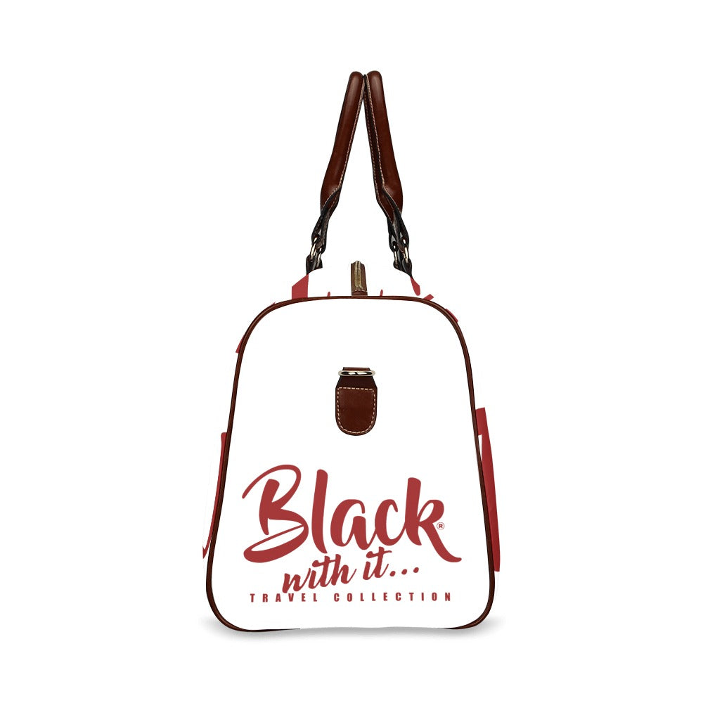 BWI: Luxury Travel Bag: White w/ Maroon Font - Brown Leather Strap Waterproof Travel Bag/Large (Model 1639)