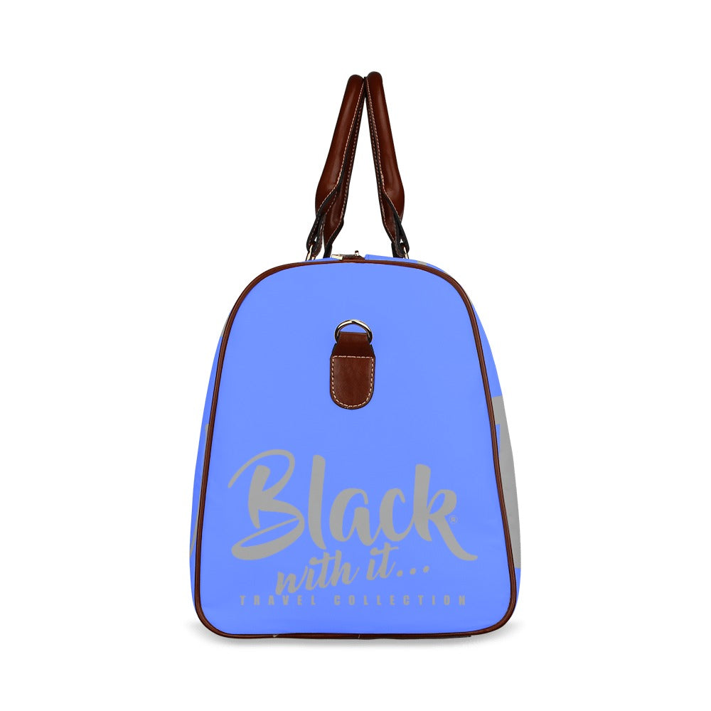 BWI: Luxury Travel Bag: Royal Blue w/ Grey Font - Brown Leather Strap Waterproof Travel Bag/Large (Model 1639)