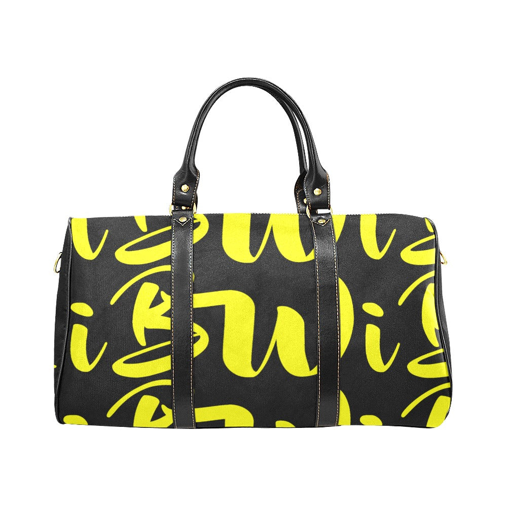 BWI Luxury Travel Bag: Black w/Yellow Font - Black Leather Straps (Made To Order)