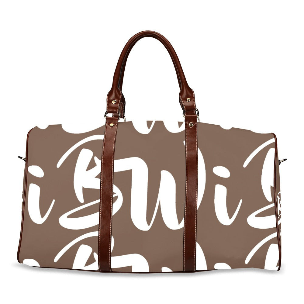 BWI Luxury Travel Bag- Brown w/White Font-Brown Leather Strap/Large (Made To Order)