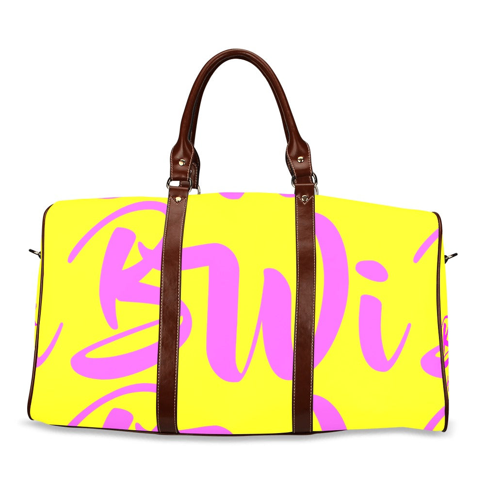 BWI: Luxury Travel Bag: Yellow w/ Pink Font - Brown Leather Straps Waterproof Travel Bag/Large (Model 1639)