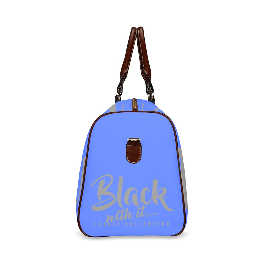 BWI: Luxury Travel Bag: Royal Blue w/ Grey Font - Brown Leather Strap Waterproof Travel Bag/Large (Model 1639)