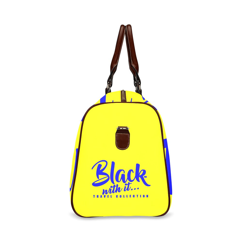 BWI: Luxury Travel Bag: Yellow w/ Blue Font - Brown Leather Strap Waterproof Travel Bag/Large (Model 1639)