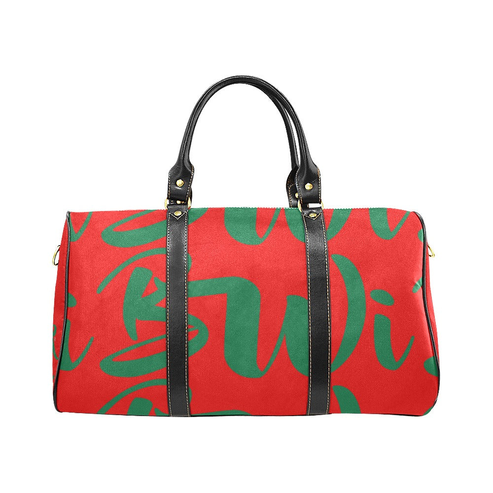 BWI: Luxury Travel Bag: Red w/ Kelly Green Font Black Leather Strap New Waterproof Travel Bag/Large (Model 1639)