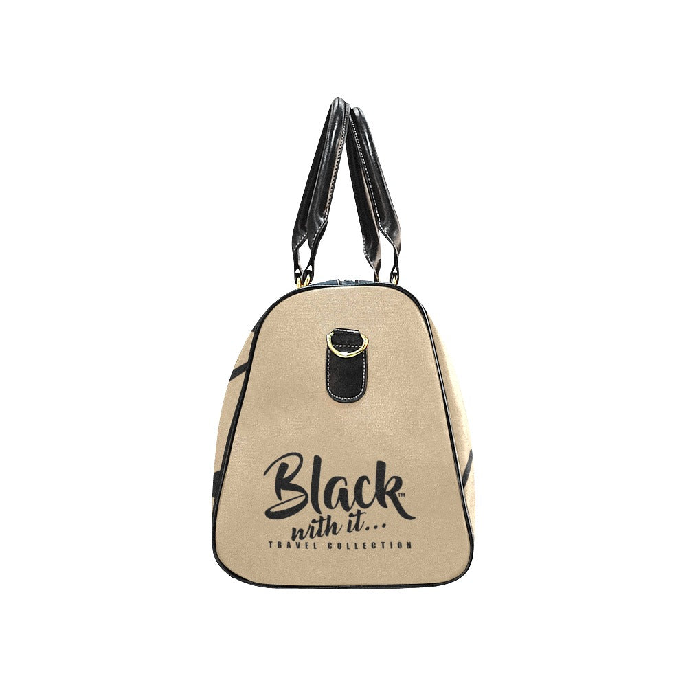 BWI: Luxury Travel Bag - Tan w/ Black Font (Black Leather Straps) New Waterproof Travel Bag/Large (Model 1639)