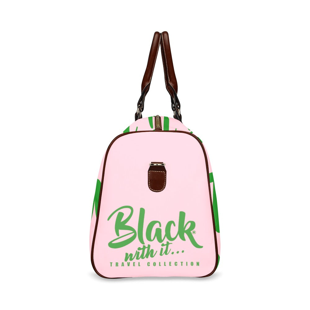 BWI Luxury Travel Bag: Pink w/ Green Font-Brown Leather Strap/Large (Made To Order)