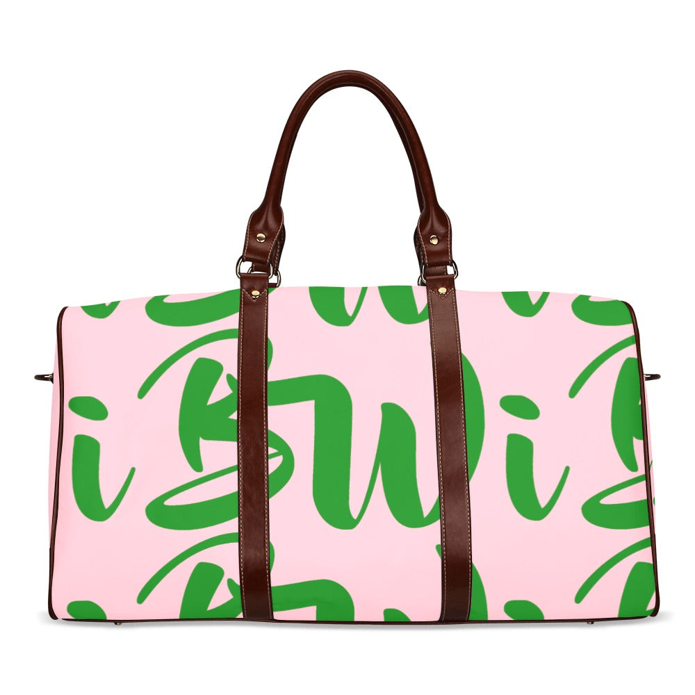 BWI Luxury Travel Bag: Pink w/ Green Font-Brown Leather Strap/Large (Made To Order)