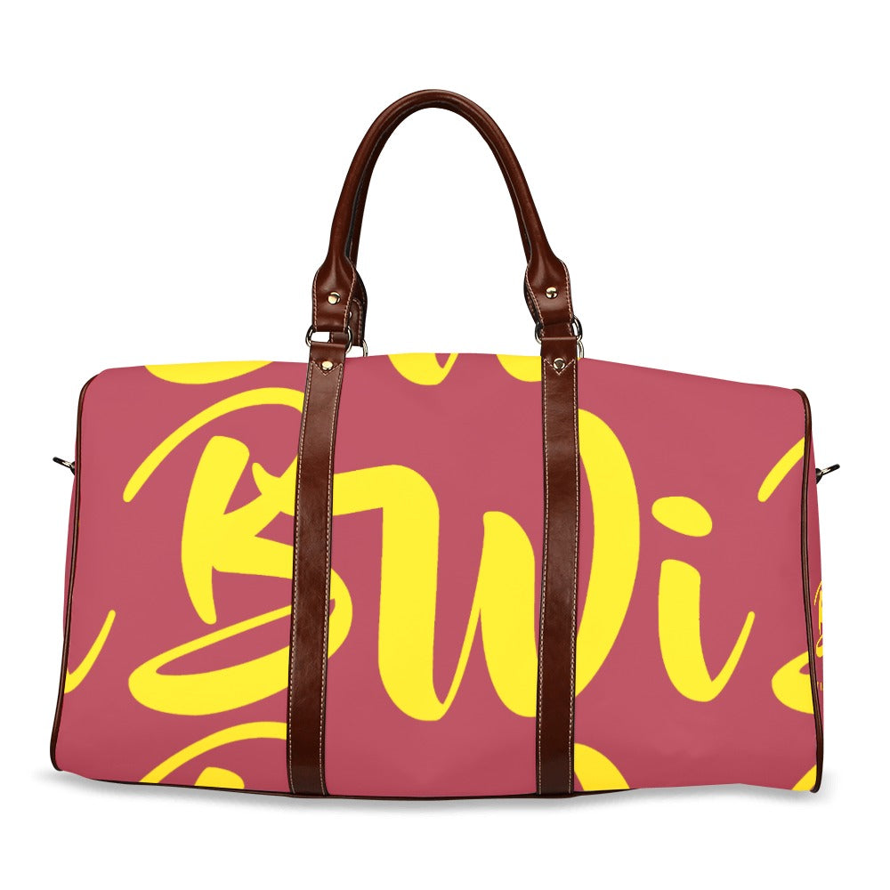 BWI: Luxury Travel Bag: Maroon w/ Gold Font - Brown Leather Strap Waterproof Travel Bag/Large (Model 1639)