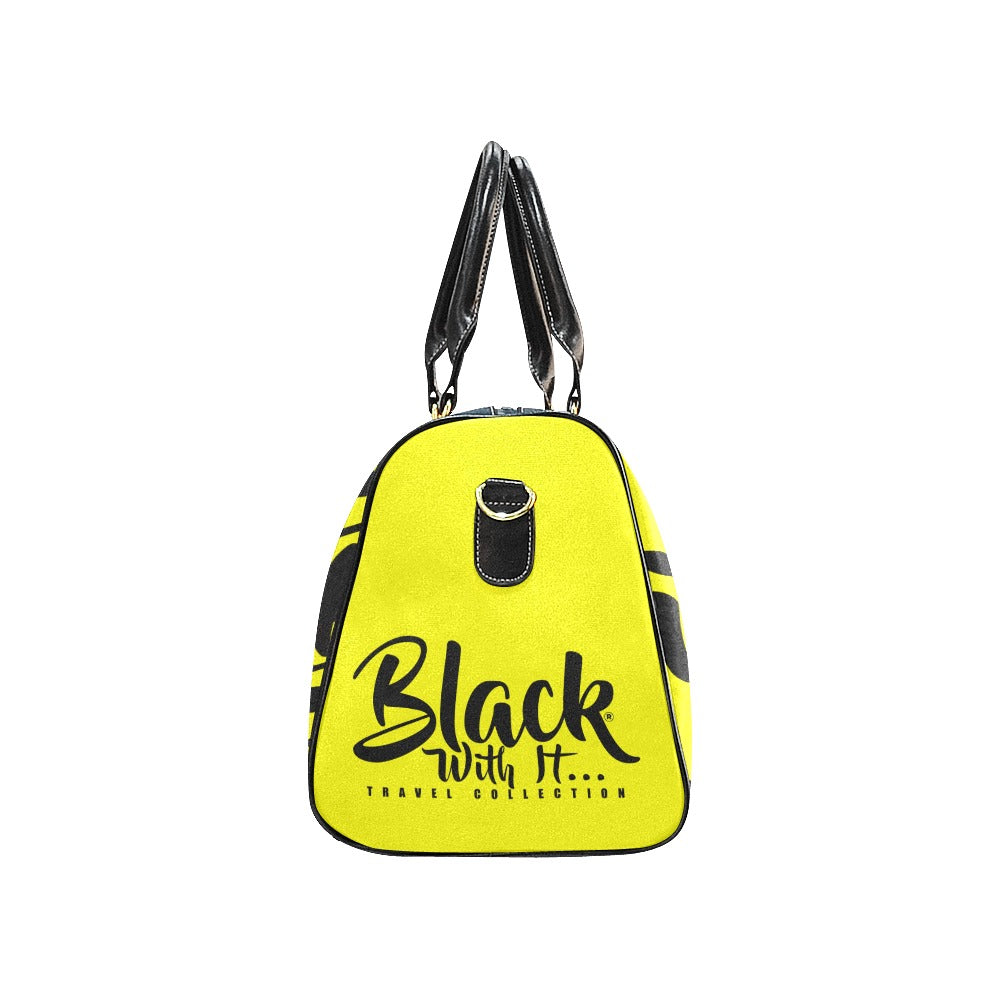 BWI Luxury Travel Bag: Yellow w/ Black Font- Black Leather Strap/Large (Made To Order)
