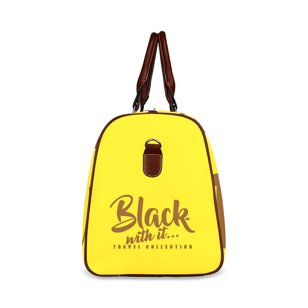 BWI: Luxury Travel Bag: Brown w/ Gold Font - Brown Leather Straps Large-Waterproof (Model 1639) Waterproof Travel Bag/Large (Model 1639)