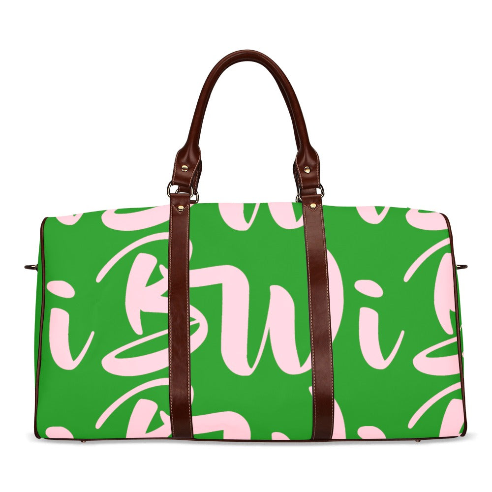BWI Luxury Travel Bag-Green w/Pink Font -Brown Leather Straps/Large (Made To Order)