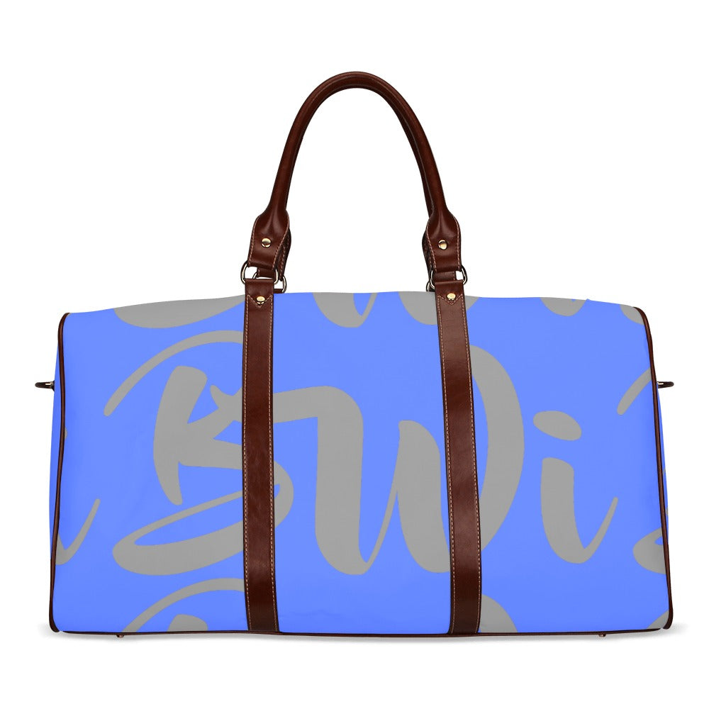 BWI: Luxury Travel Bag: Royal Blue w/ Grey Font - Brown Leather Strap Waterproof Travel Bag/Large (Model 1639)
