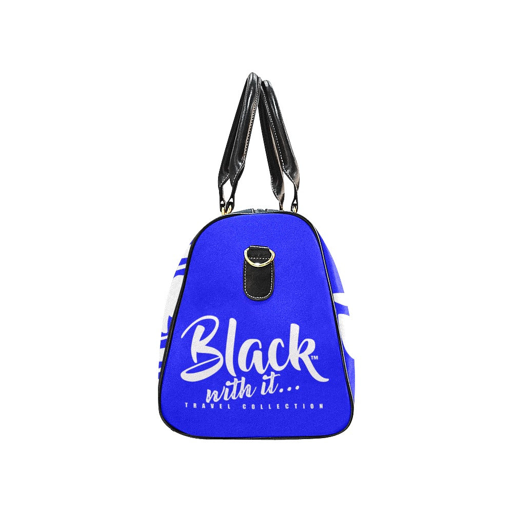 BWI Luxury Travel Bag-Blue w/White Font - Black Leather Straps/Large (Made To Order)