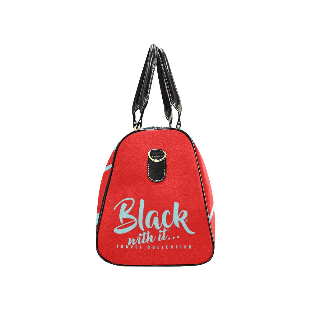 BWI: Luxury Travel Bag: Red w/ Columbia Blue Font with Black Strap New Waterproof Travel Bag/Large (Model 1639)