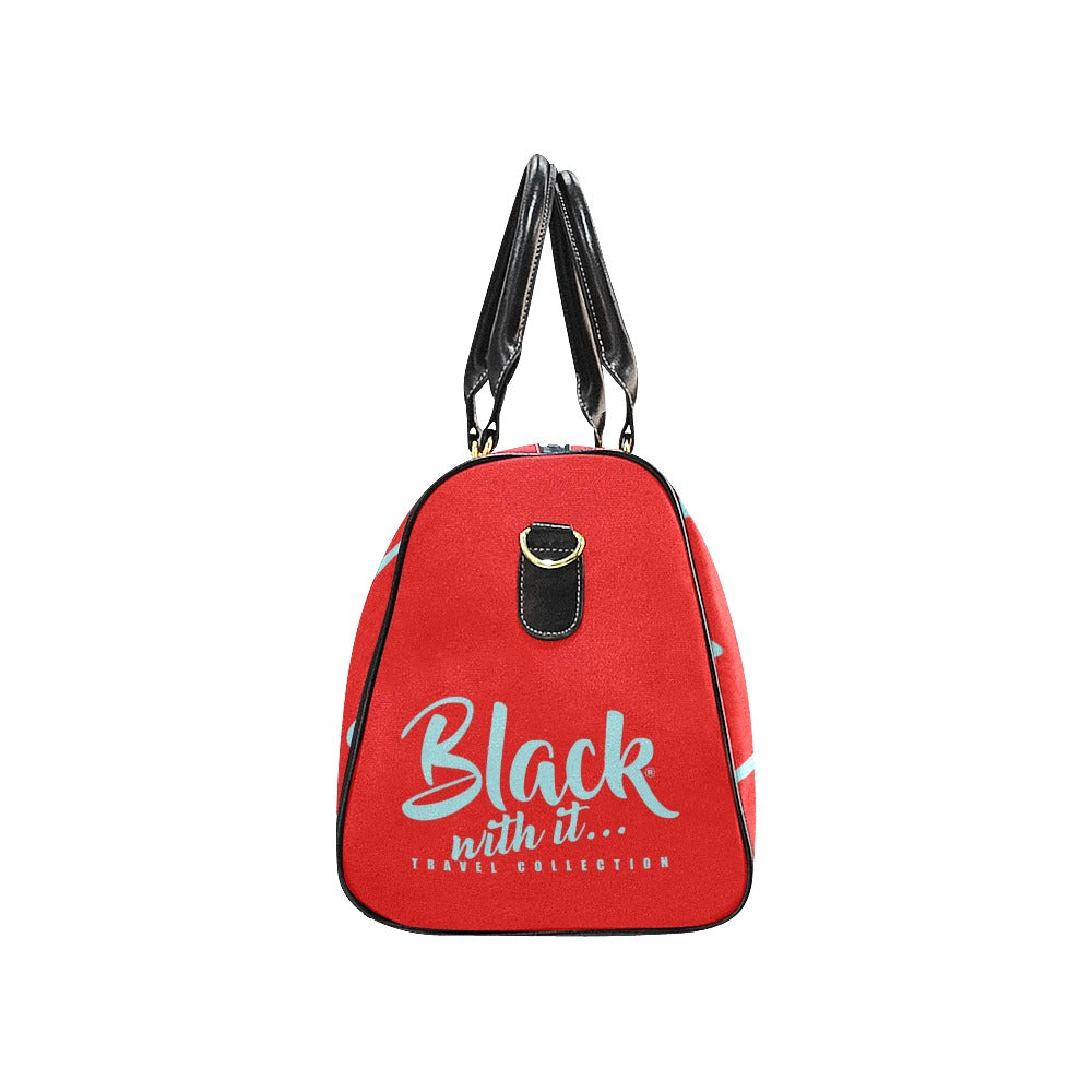 BWI: Luxury Travel Bag: Red w/ Columbia Blue Font with Black Strap New Waterproof Travel Bag/Large (Model 1639)