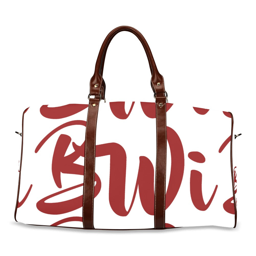 BWI: Luxury Travel Bag: White w/ Maroon Font - Brown Leather Strap Waterproof Travel Bag/Large (Model 1639)