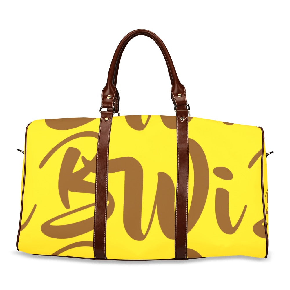 BWI: Luxury Travel Bag: Brown w/ Gold Font - Brown Leather Straps Large-Waterproof (Model 1639) Waterproof Travel Bag/Large (Model 1639)