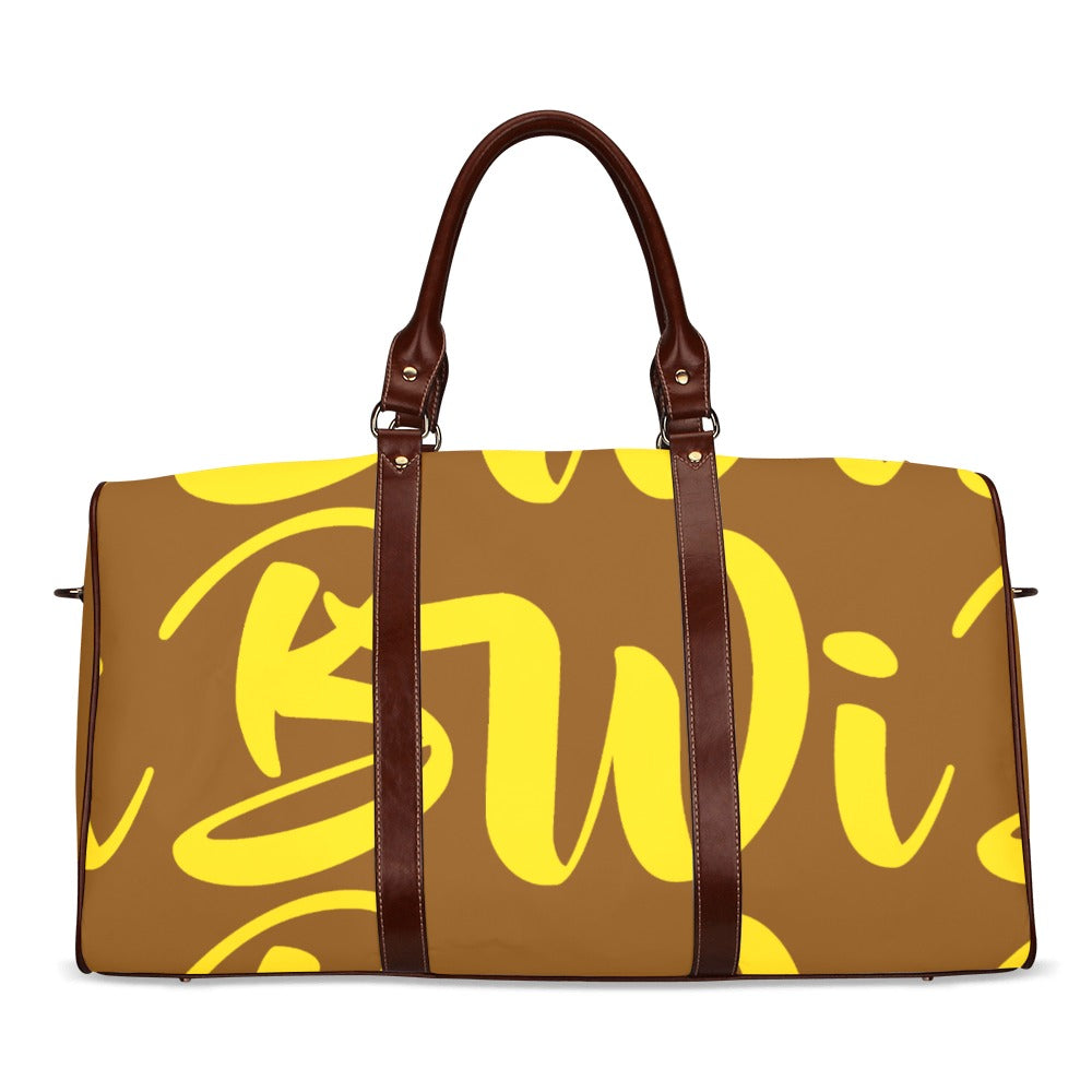 BWI: Luxury Travel Bag: Brown w/ Gold Font - Brown Leather Straps Large-New Waterproof (Model 1639) Waterproof Travel Bag/Large (Model 1639)
