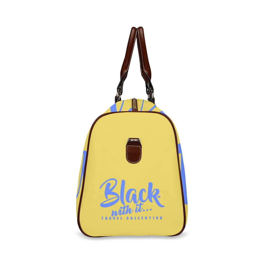 BWI: Luxury Travel Bag: Old Gold w/ Royal Blue Font - Brown Lether Straps Waterproof Travel Bag/Large (Model 1639)