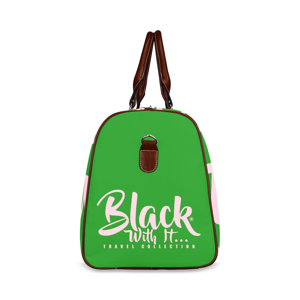 BWI Luxury Travel Bag-Green w/Pink Font -Brown Leather Straps/Large (Made To Order)