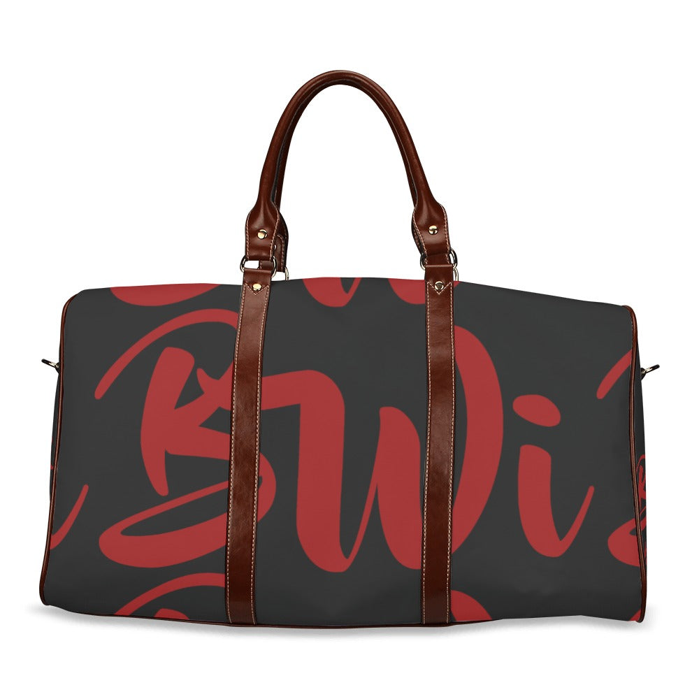 BWI: Luxury Travel Bag: Black w / Maroon Font - Brown Leather Strap Waterproof Travel Bag/Large (Model 1639)