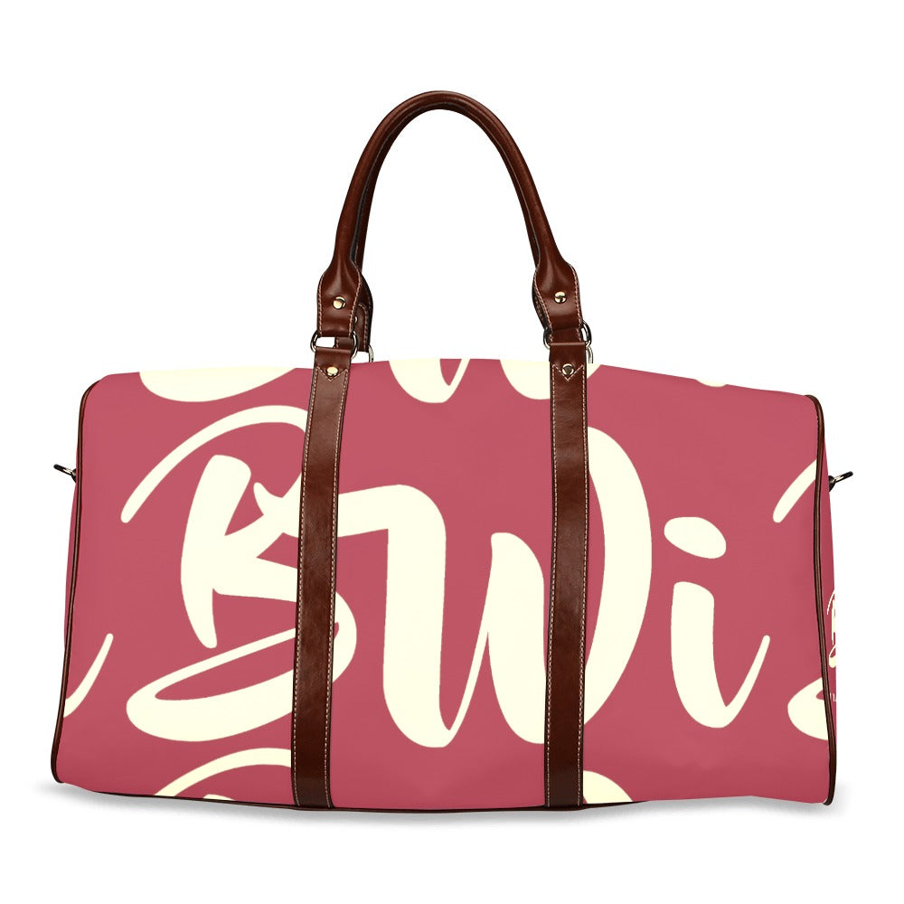 BWI: Luxury Travel Bag: Crimson w/ Cream Font - Brown Leather Straps Large-Waterproof (Model 1639) Waterproof Travel Bag/Large (Model 1639)