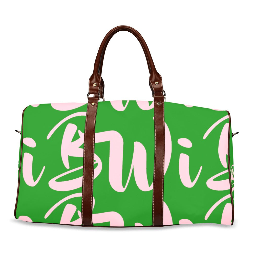 BWI Luxury Travel Bag-Green w/Pink Font -Brown Leather Straps/Large (Made To Order)