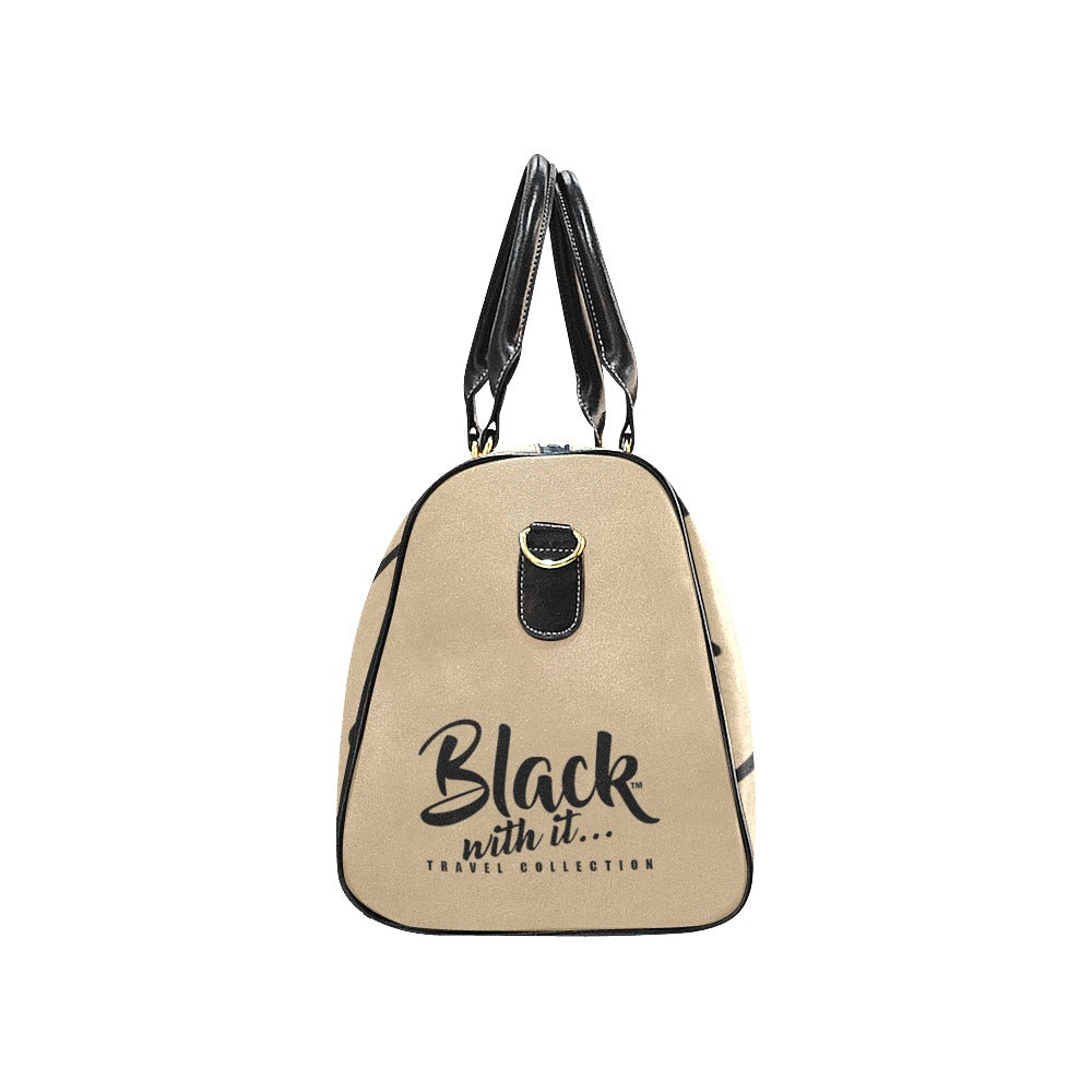 BWI: Luxury Travel Bag - Tan w/ Black Font (Black Leather Straps) New Waterproof Travel Bag/Large (Model 1639)