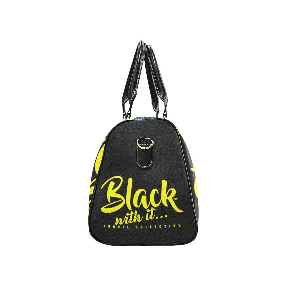BWI Luxury Travel Bag: Black w/Yellow Font - Black Leather Straps (Made To Order)