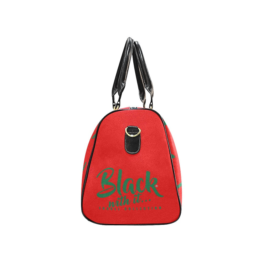 BWI: Luxury Travel Bag: Red w/ Kelly Green Font Black Leather Strap New Waterproof Travel Bag/Large (Model 1639)