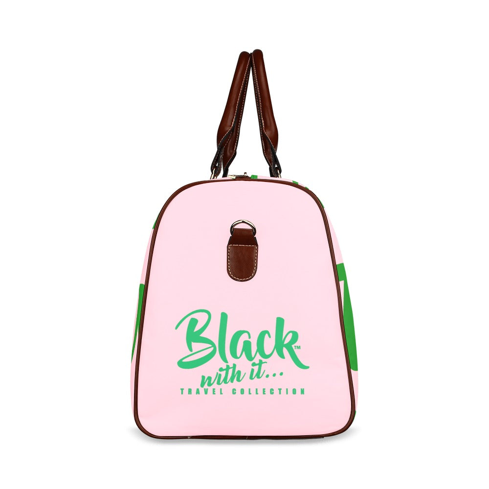 BWI: Luxury Travel Bag: Pink w/ Green Font - Brown Leather Straps Large-Waterproof (Model 1639) Waterproof Travel Bag/Large (Model 1639)