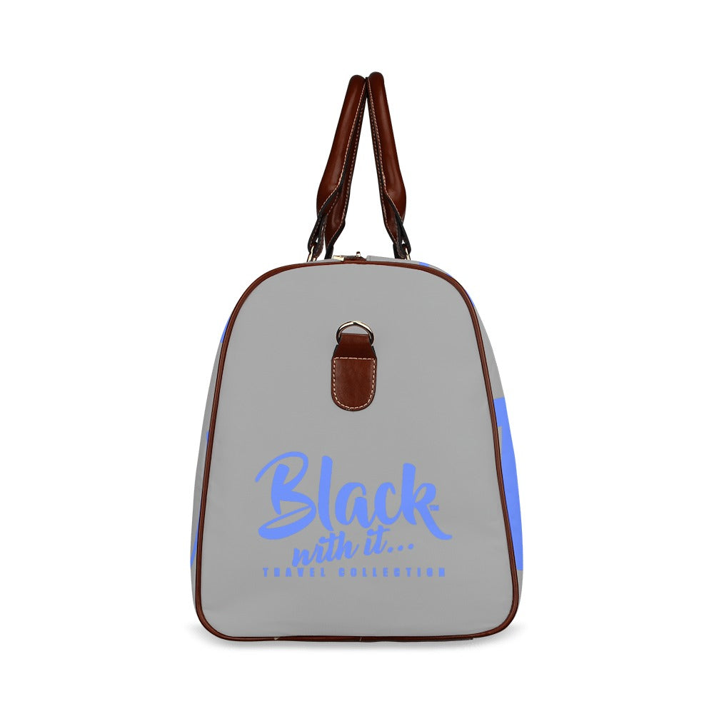 BWI: Luxury Travel Bag: Grey w/ Royal Blue Font - Brown Leather Strap Waterproof Travel Bag/Large (Model 1639)