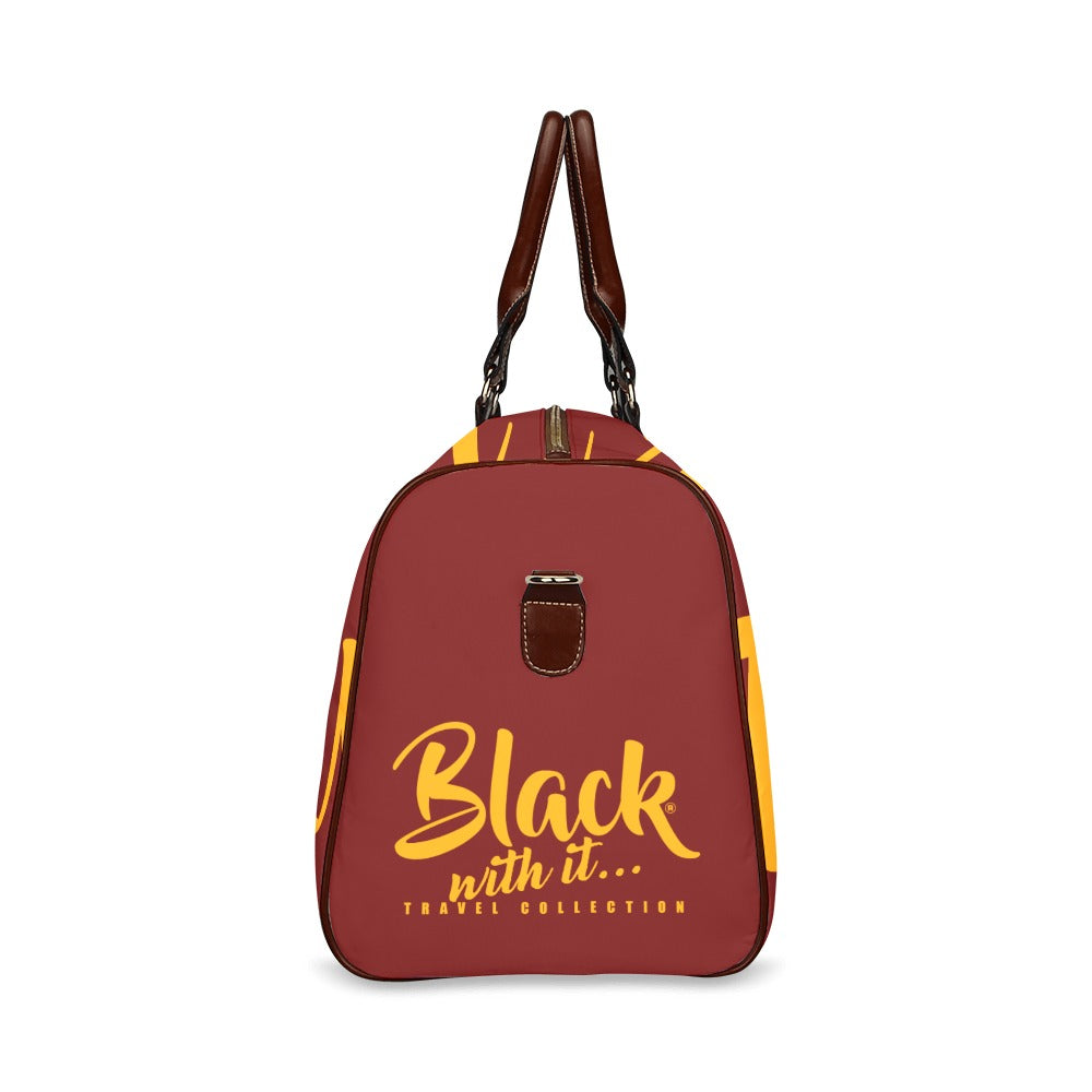 BWI: Luxury Travel Bag: Maroon w/ Orange Font - Brown Leather Strap Waterproof Travel Bag/Large (Model 1639)