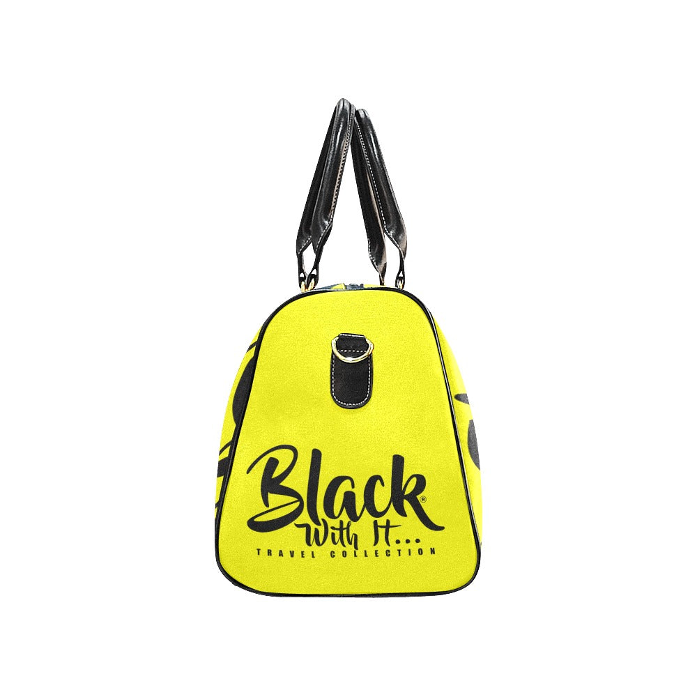 BWI Luxury Travel Bag: Yellow w/ Black Font- Black Leather Strap/Large (Made To Order)