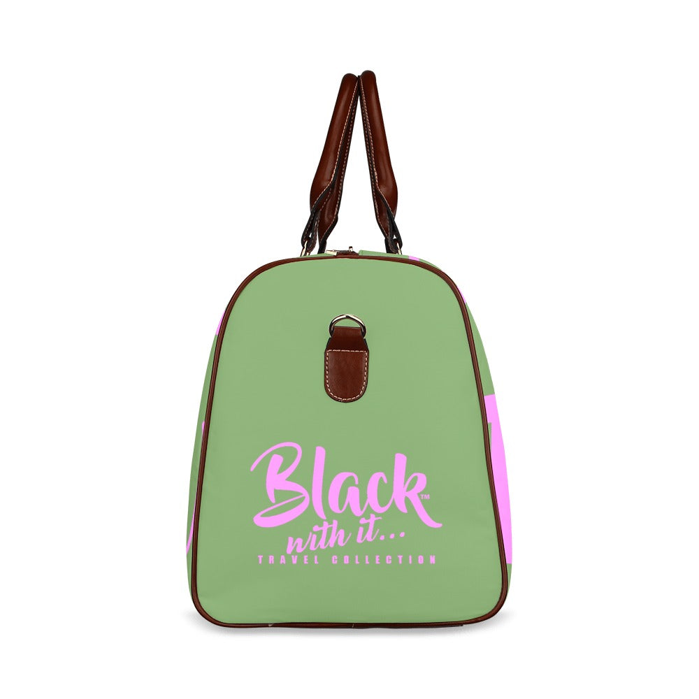 BWI: Luxury Travel Bag: Green w/ Pink Font - Brown Leather Straps Large-Waterproof (Model 1639) Waterproof Travel Bag/Large (Model 1639)