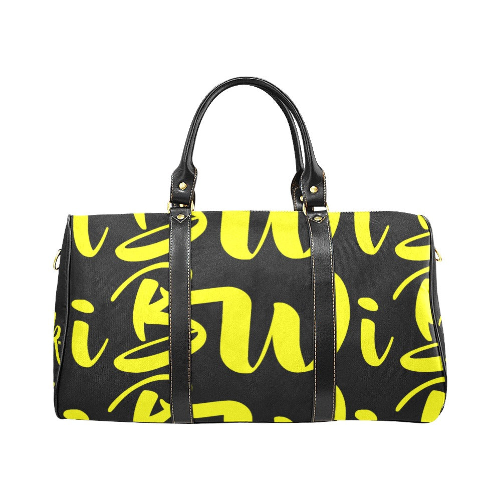 BWI Luxury Travel Bag: Black w/Yellow Font - Black Leather Straps (Made To Order)
