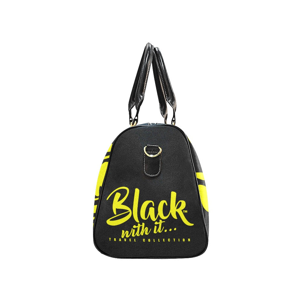 BWI Luxury Travel Bag: Black w/Yellow Font - Black Leather Straps (Made To Order)