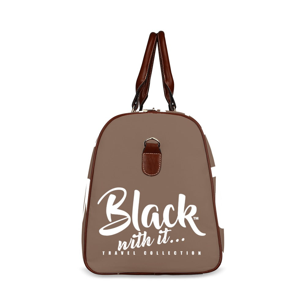 BWI Luxury Travel Bag- Brown w/White Font-Brown Leather Strap/Large (Made To Order)