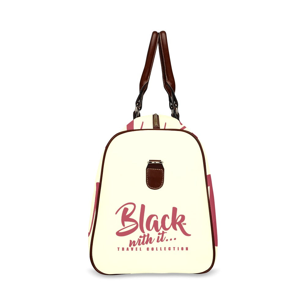 BWI: Luxury Travel Bag: Cream w/ Crimson Font - Brown Leather Straps Large-Waterproof (Model 1639) Waterproof Travel Bag/Large (Model 1639)