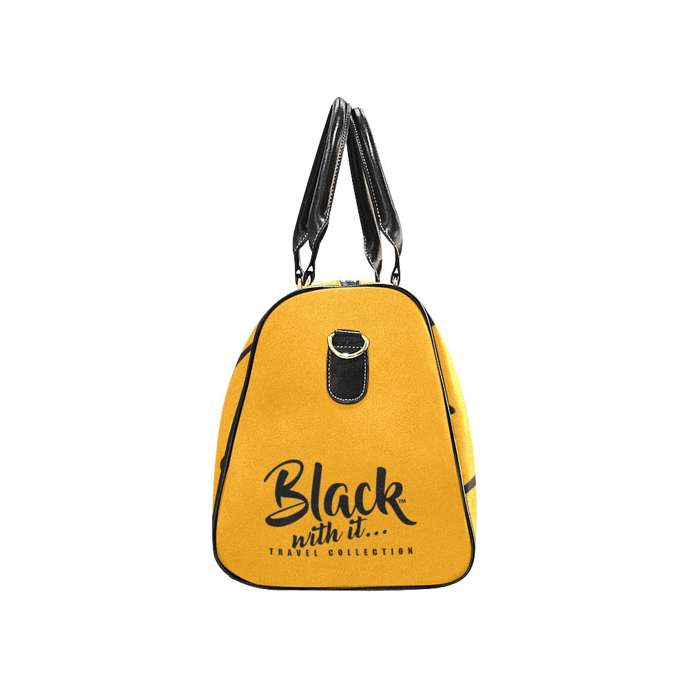 BWI: Luxury Travel Bag: Orange w/Black Font - Black Leather Strap New Waterproof Travel Bag/Large (Model 1639)