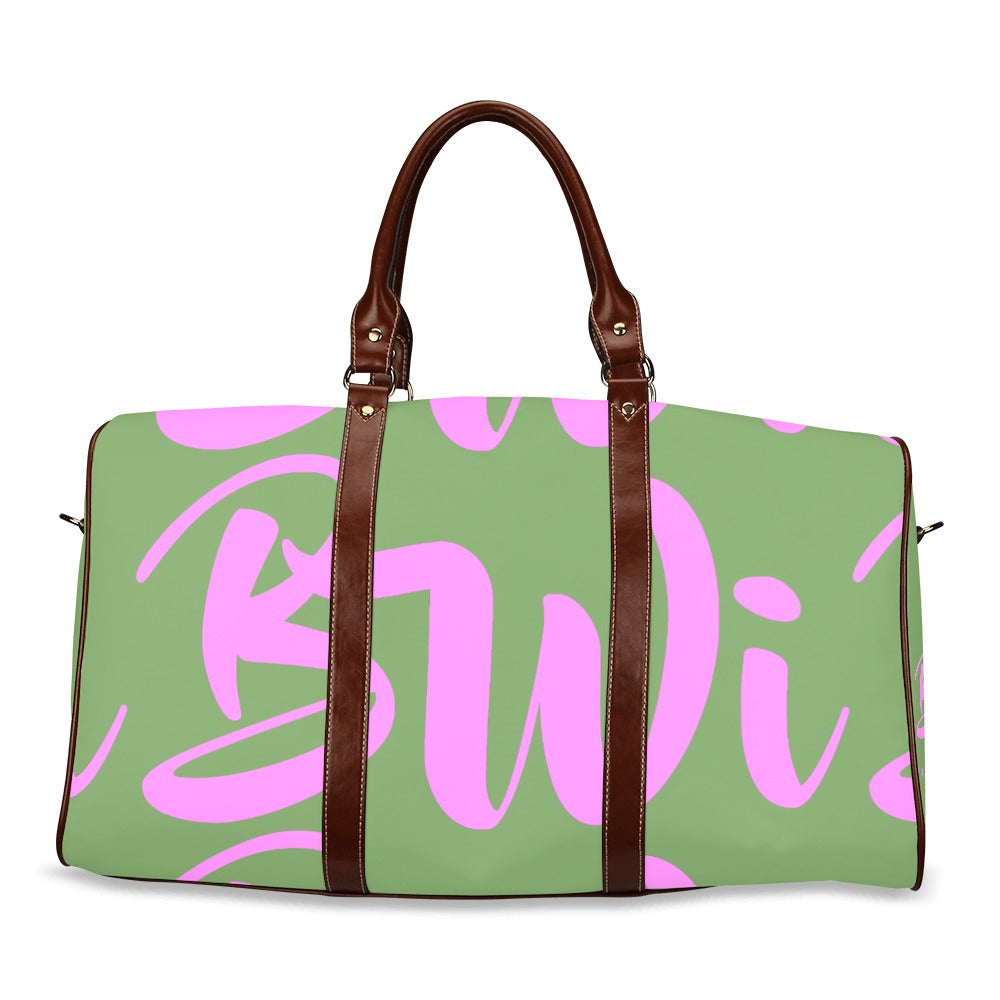 BWI: Luxury Travel Bag: Green w/ Pink Font - Brown Leather Straps Large-Waterproof (Model 1639) Waterproof Travel Bag/Large (Model 1639)