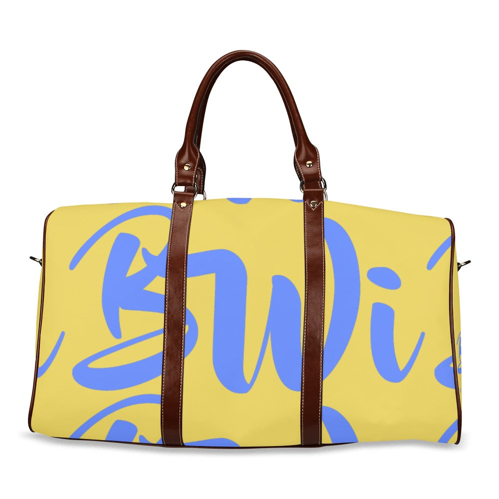 BWI: Luxury Travel Bag: Old Gold w/ Royal Blue Font - Brown Lether Straps Waterproof Travel Bag/Large (Model 1639)